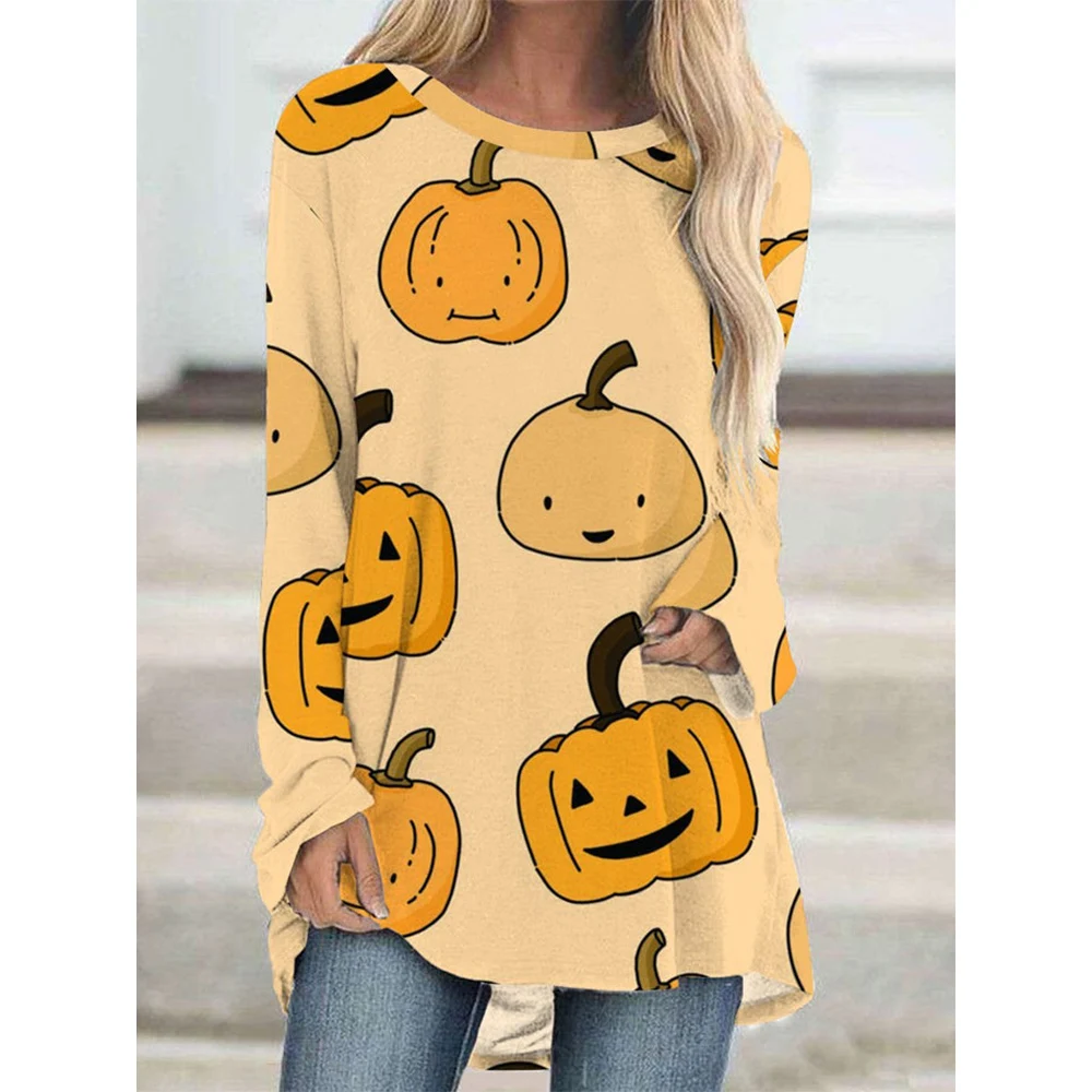 

CLOOCL New Halloween T-Shirt Cartoon Pumpkin Pattern Print Tee Long Sleeves Tops Comfy Soft Stylish Women Shirts Kawaii Style