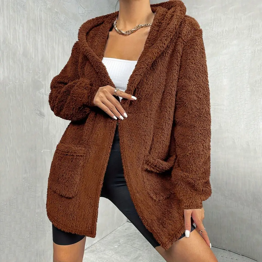 

Women Plush Coat Cozy Hooded Mid-length Cardigan for Women Plush Cashmere Outerwear with Loose Fit Solid Color Open Front Style