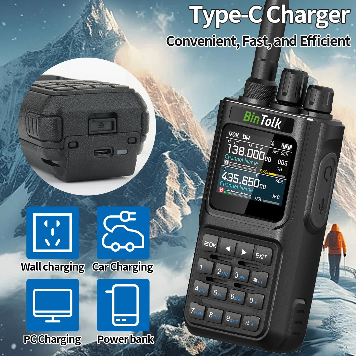 BinTolk BT8000 Walkie Talkie 8W Full Band Wireless Bluetooth Programme Noise Reduction Type-c Charger Portable Two Way Ham Radio 6