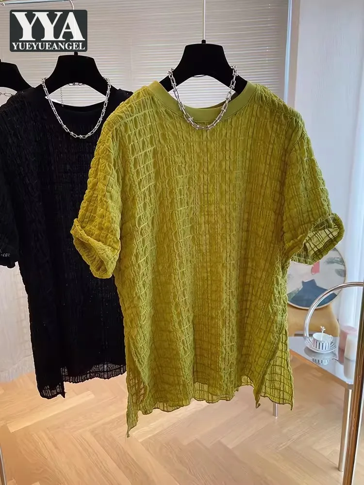 

High Street Solid Color Loose Fit Casual Mens Pullover Tees Top Short Sleeve O-Neck Fashion Summer Harajuku Plaid T-Shirts Male