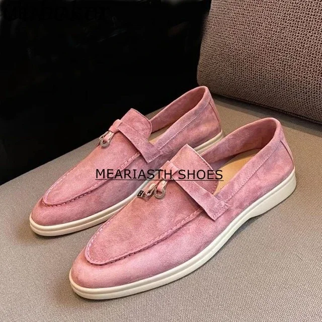 

Hot Sale Summer Walk Shoes Hanged Metal couple Loafers Green Suede Ladies Flat Shoes Woman Slip-on Casual Shoes For Women