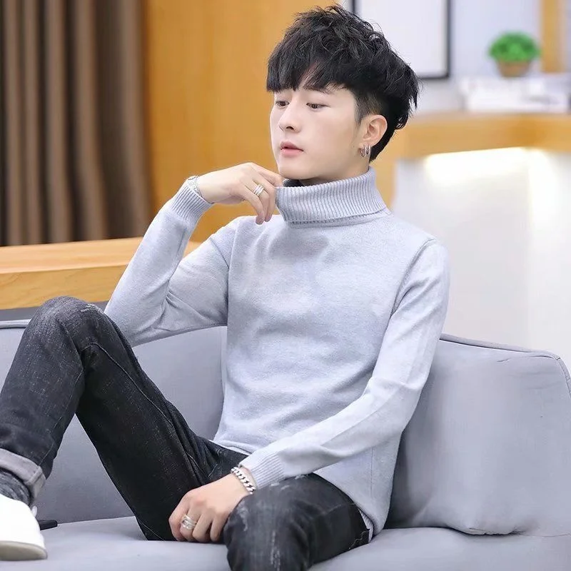 Men's High Collar Knitted Sweater Slim Fit Warm Base Layer irt Autumn  Color Turn-down Collar Youth Knitwear