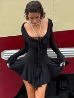 Tossy Ruffled Lace-Up White Mini Dress Women's V-Neck Patchwork Long Sleeve Sexy Slim Dress Bandage Elegant Female Summer Dress