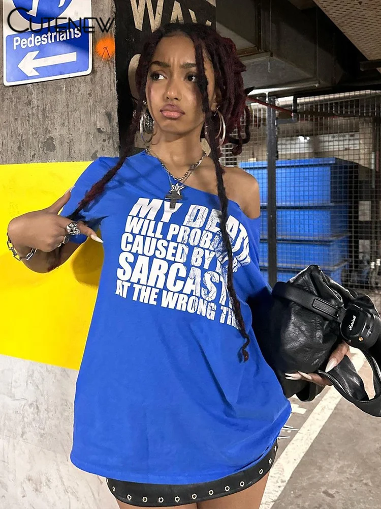 Casual Letter Print Women T-shirts Summer Concise Incline Shoulder Short Sleeve Oversized Tees Female Wild Street Tops