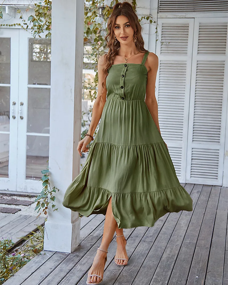 New Fashion Solid Color Sling Sling Neck Maxi Dress