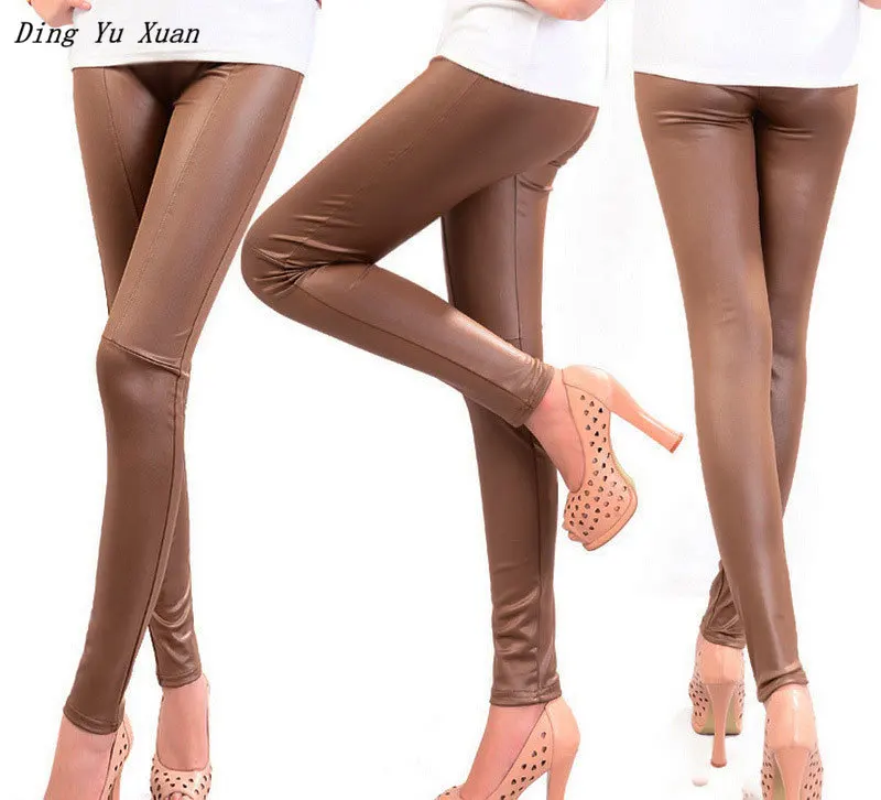 

Womens Black Khaki Brown Stretch Leather Leggings Push Up Femme Quality Pu Leather Leging Women Casual Skinny Leggin Pants Mujer