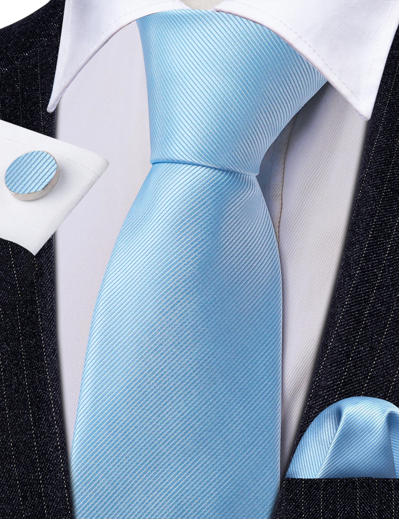 Light Blue Silk Tie Men Solid Pocket Square Cufflinks Woven Suit Necktie Sets Wedding Party Gift Barry.Wang 6481 neck tie pocket square