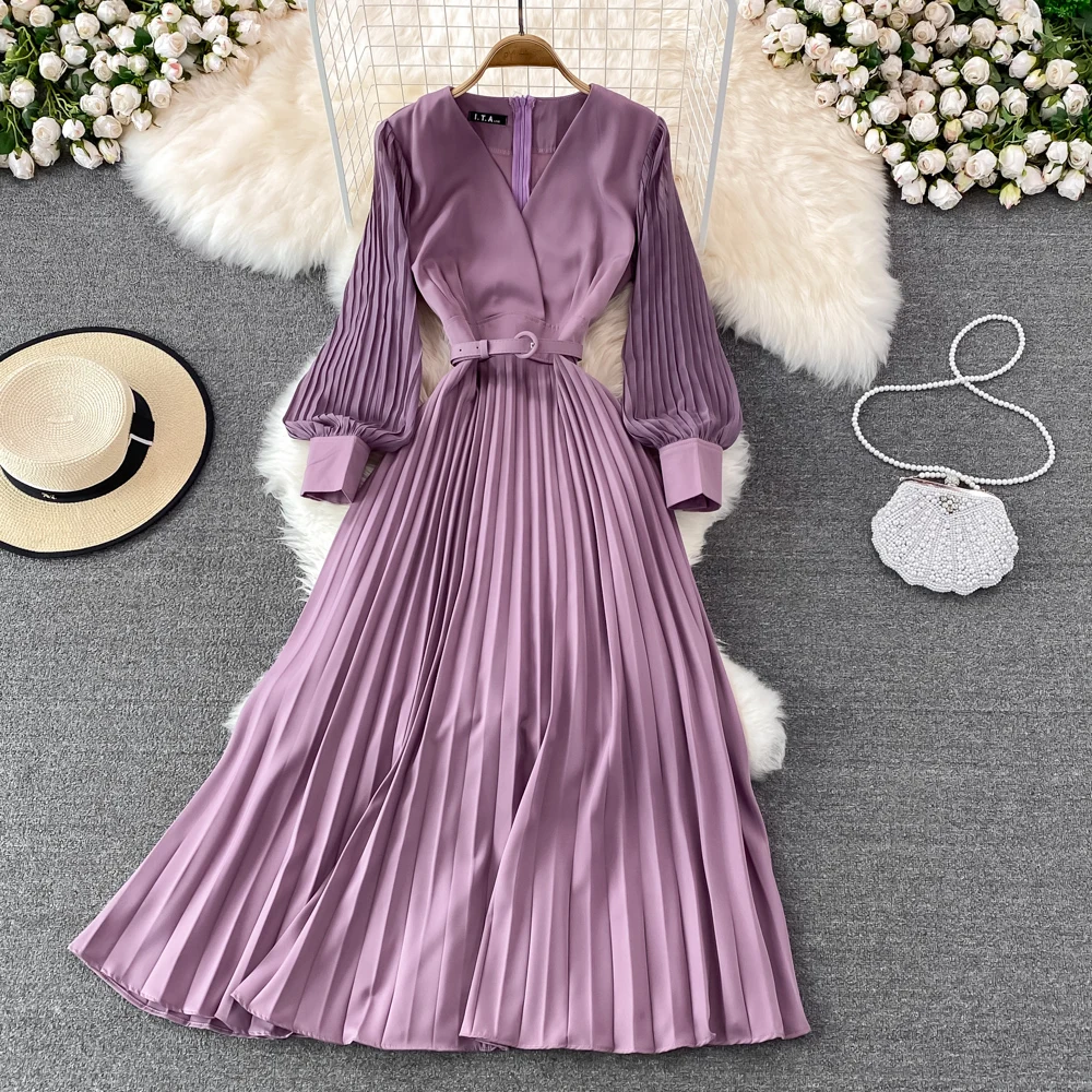 Women's Elegant Pleated Mixi Dress With Belt Spring 2022 Femme Robe