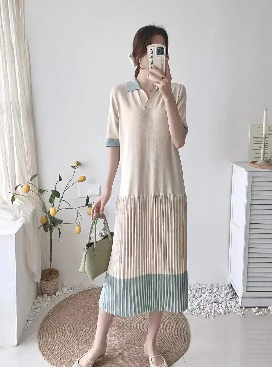

Korean Fashion Knitted summer dresses for women 2023 Casual Short Sleeve Polo Collar Contrast Color Pleated Long Dresses Vestido