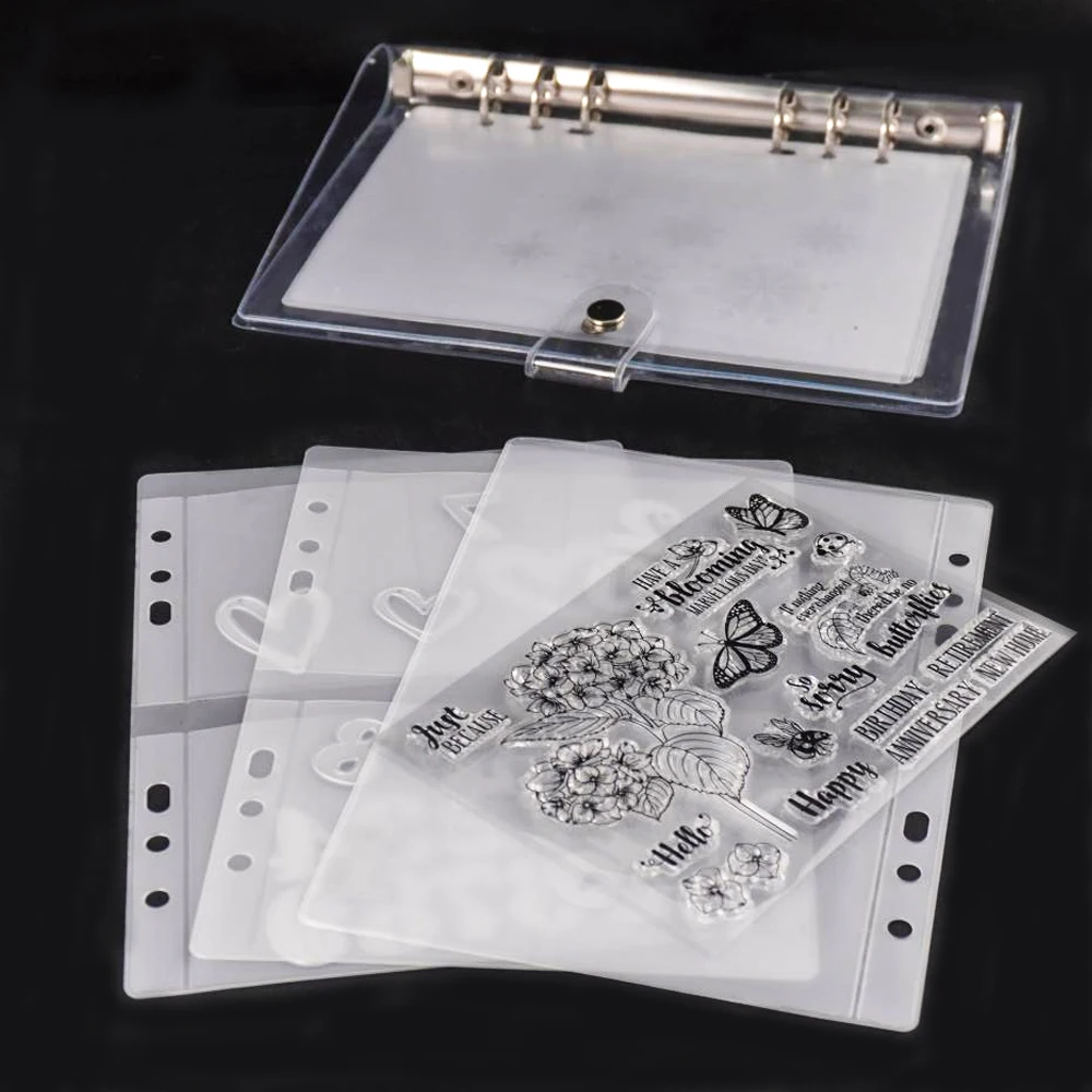 A5 6-Hole Strap Storage Clip And Storage Bag Scrapbook Cutting Die Organizing Sticker Stamp Transparent Bag