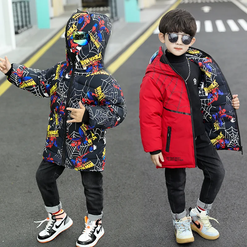 

2022 Winter Boys Down Jackets Coats Clothes Teenage Spiderman Fashion Thicken Warm Snow Coat Children Hooded Long Parka Jacket