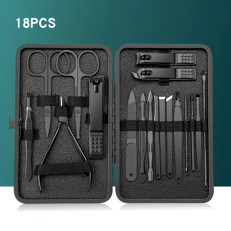 710/16/18pcs Black Manicure And Pedicure Set Stainless Steel Scissors Nail Clipper Grooming Tool Kit