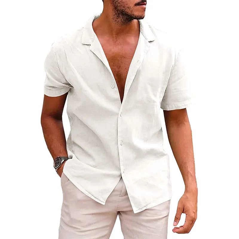 

new 2023 Summer New Polo Solid Short Sleeve Shirt Button Large Men's Cotton Linen Shirt Casual Beach Party Cool Top