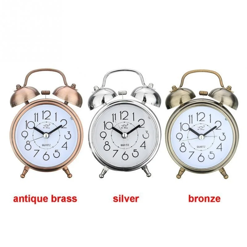 Vintage Retro Silent Alarm Clock with Dual Bells and Night Light