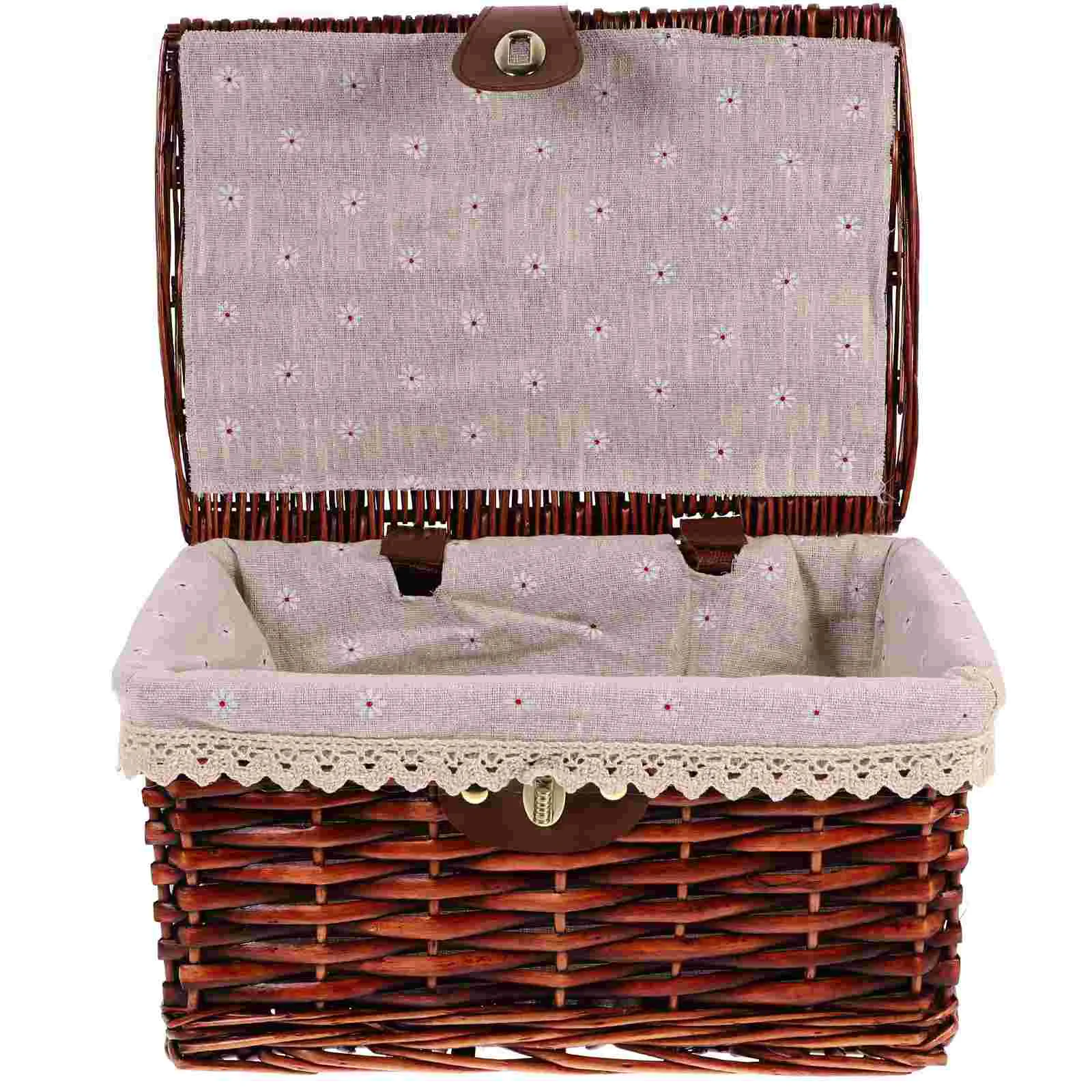 Wicker Storage Basket With Lid Rectangular Rattan Bins Lid Liner Seagrass Shelf Makeup Organizer