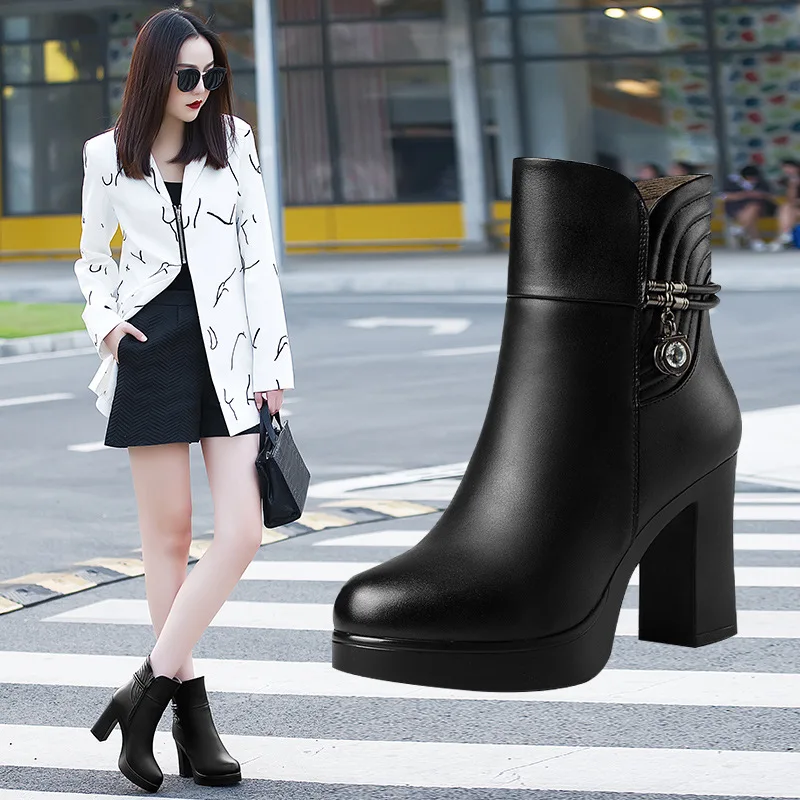 High quality short ankle leather boots for women 9cm high heel platform new 2023 autumn winter 33 42 43 elegant shoe - black