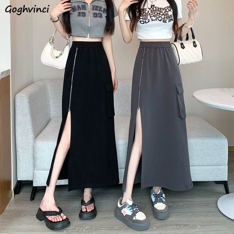 

Slit A-line Skirts Women Zipper Design Irregular Fashion Midi Solid Casual All-match Streetwear High Waist Hotsweet Ulzzang Chic