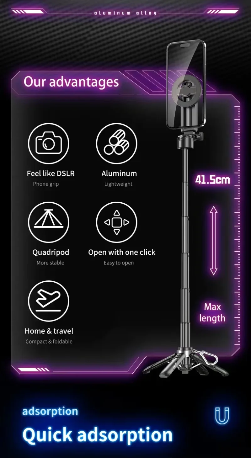 Magnetic Bluetooth Selfie Stick Tripod For Iphone And Android Phones_voghion.com