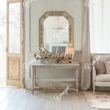 European antique vanity mirror gray old veneer gold painted French retro vanity mirror solid wood carving flower export