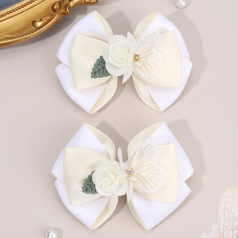 2Pcs Floral Bow Hair Clips 3D Flower Butterfly Hairpins Elegant Ribbon Bownot Barrette For Girls Children Headwear Accesories