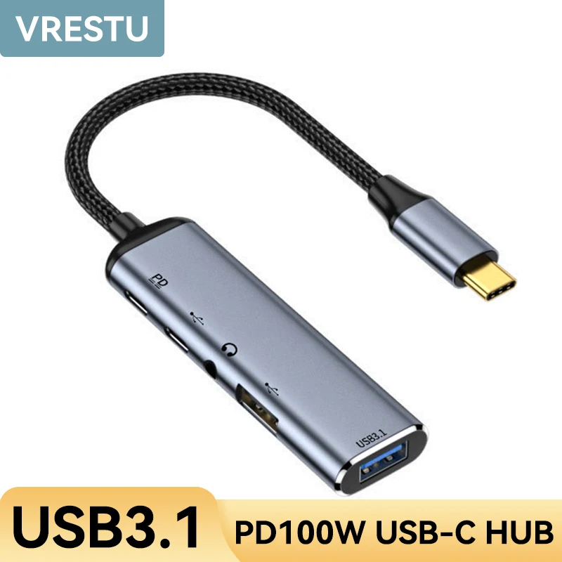 5 In 1 Usb-C Hub Tipo C A Jack Da 3.5Mm Adattatore Audio Da Usb C A Usb 3.1 2.0 Pd 100W 10Gbps Docking Station Per Macbook Air Ipad Pro