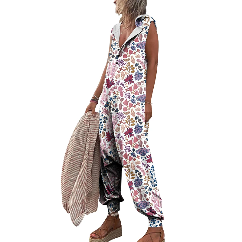 Summer Fashion Pattern Printed Baggy Pants Jumpsuits Casual Button Sleeveless Hooded Rompers Beach Loose Women Playsuit Overalls