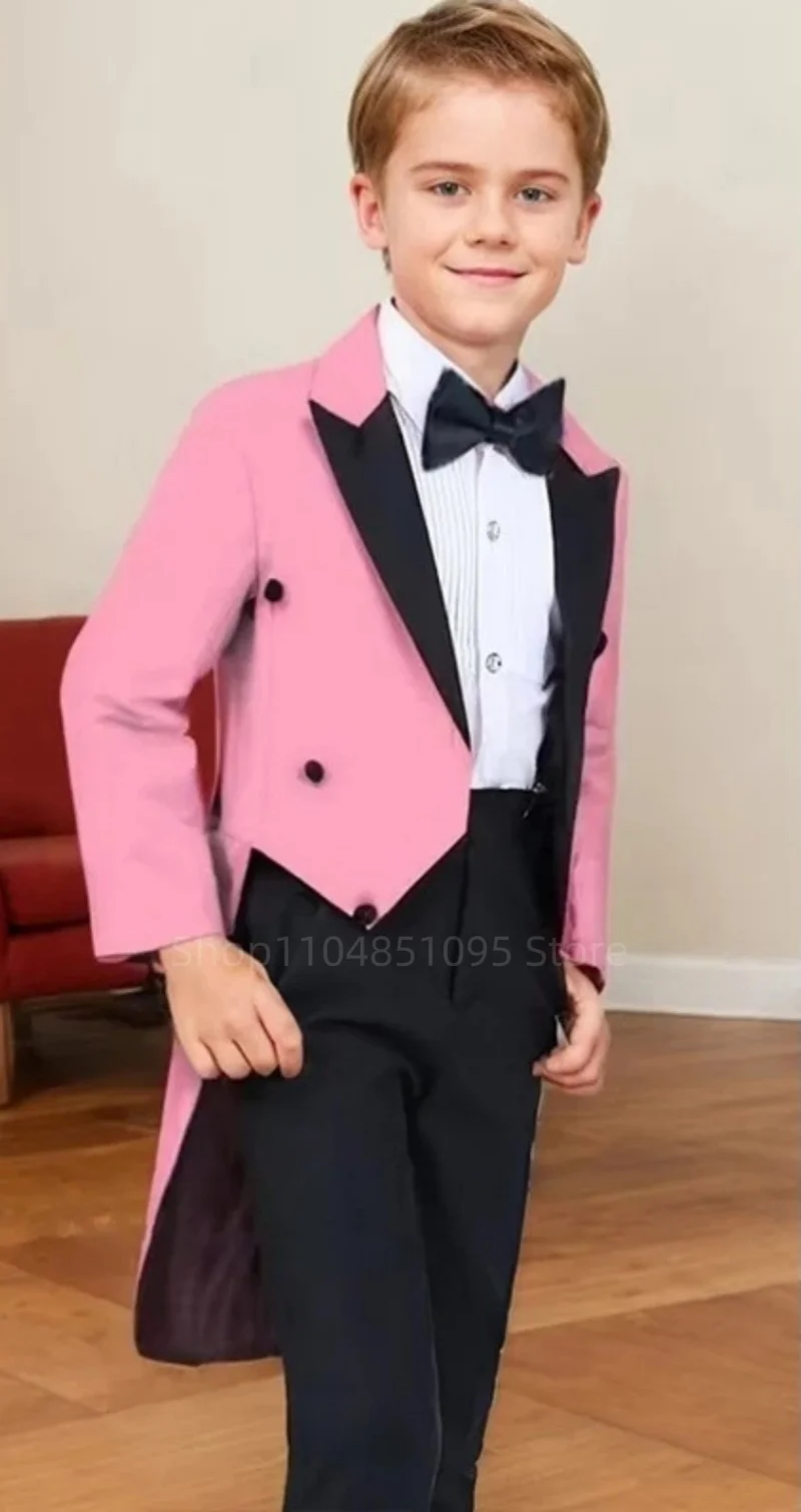 Flower Boys Suit Wedding Tuxedo Tailcoat Jacket Pants 2 Piece Set Formal Men Clothes Holiday Party Blazer Kids Long Coat Outfit