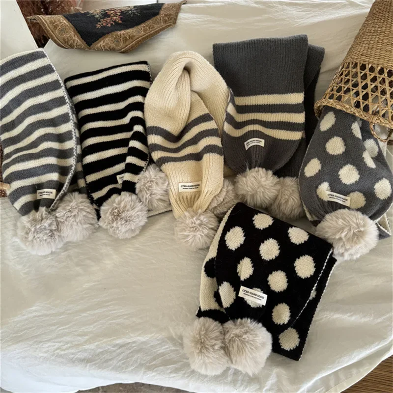 Korea Ins Kids Winter Baby Girls Scarf Cute Wave Point Stripe Hairball Scarves Kawaii Soft Warm Knitted Scarfs Accesoire 3-15y