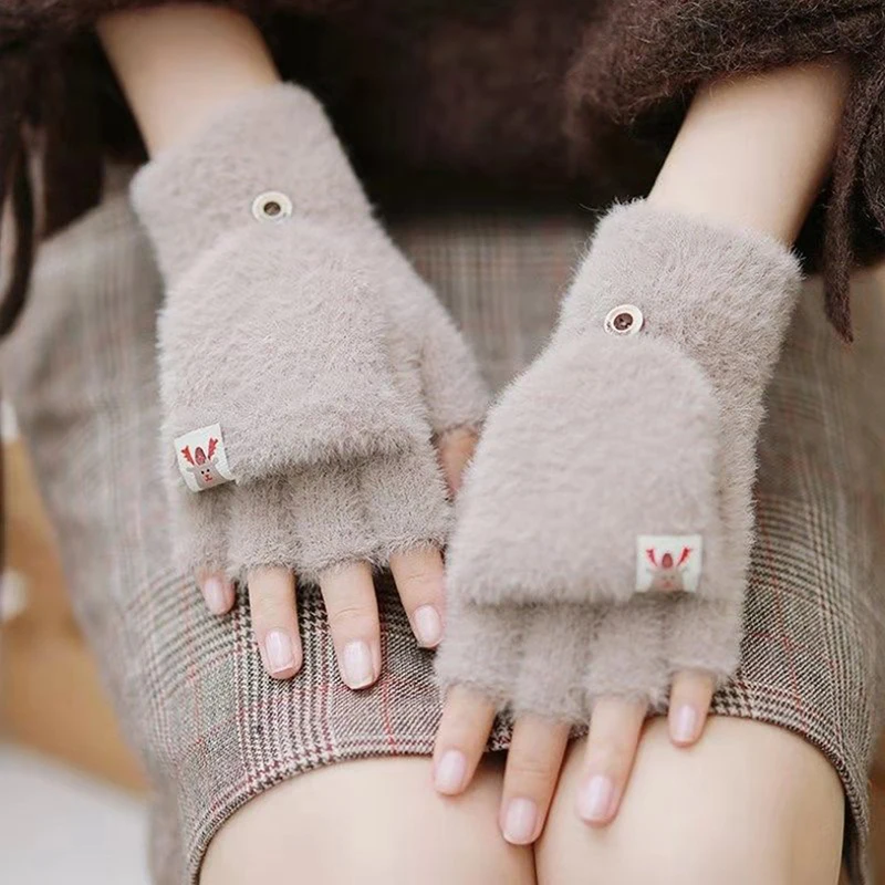 Winter Women Half-finger Flip-top Gloves Student Cute Girl Cartoon Warm Comfortable Soft Stylish Thick Knitting Mittens