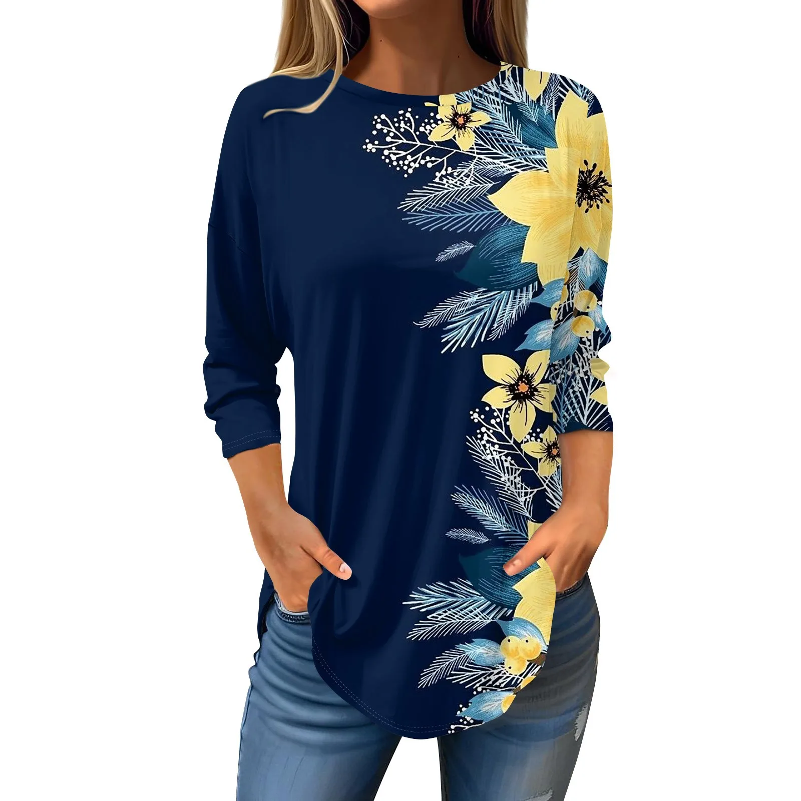 

Womens Shirts 3/4 Sleeve Shirts Solid Color Pullover Summer Springops Blouses Youthful Woman Clothes Female Clothing Top Women