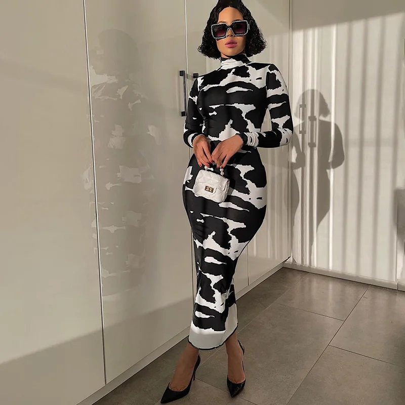 

Women's Clothing2024Spring New Fashion Printed Turtleneck Long Sleeve Slim Slimming Dress Wholesale-HT