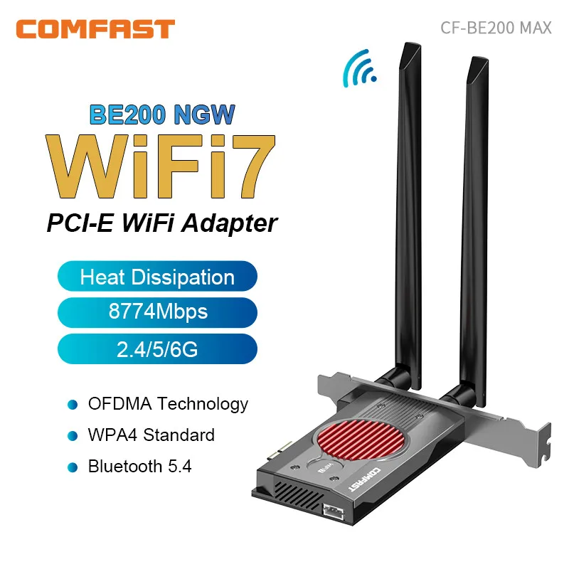 Comfast 무선 네트워크 카드, 와이파이 어댑터, 블루투스 5.4, 트라이 밴드, 2.4G, 5G, 6GHz, 8774Mbps, 와이파이 7, 인텔 BE200, PCI-E