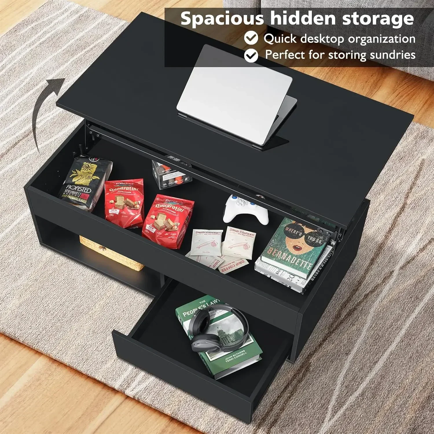 Lift Top Coffee Table with Storage LED Coffee Table Morden High Gloss Living Room 3 Tiers Modern Tea Table 5