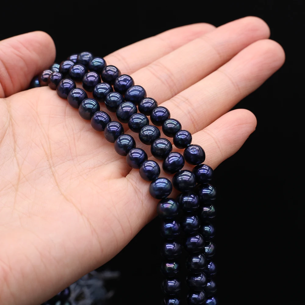 

7-8MM Natural Freshwater Pearl Beading Near Circle Shape Real Black Pearls for DIY Charms Bracelet Necklace Jewelry Making 36cm