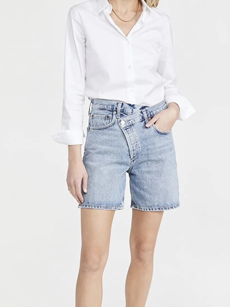 

Women High Waist Straight Denim Shorts 2023 Summer New Asymmetrical Oblique Placket Female Blue Short Pants Jeans