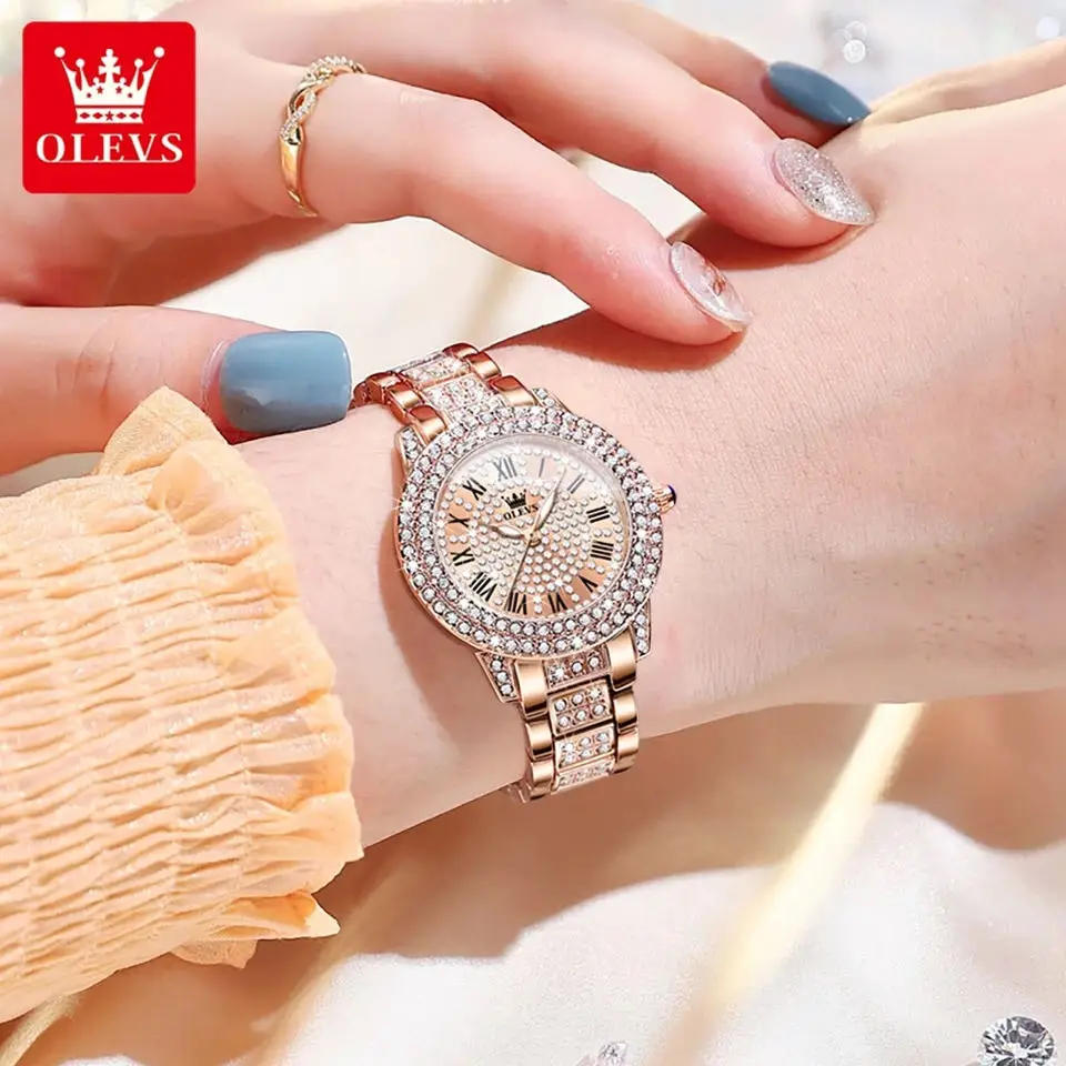 OLEVS Quartz Watch for Women Luxury Stainless Steel Diamond Roman Dial Waterproof Fashion Elegant Women's Wristwatch Reloj Mujer