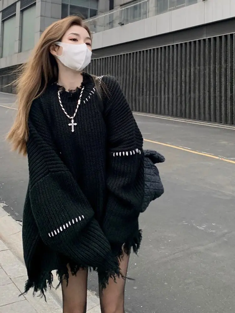 Tassels Black Ripped Sweater Women Vintage Oversized Casual Loose O Neck  Knit Pullover Tops Autumn Winter Korean Fashion Jumpers - Pullovers -  AliExpress