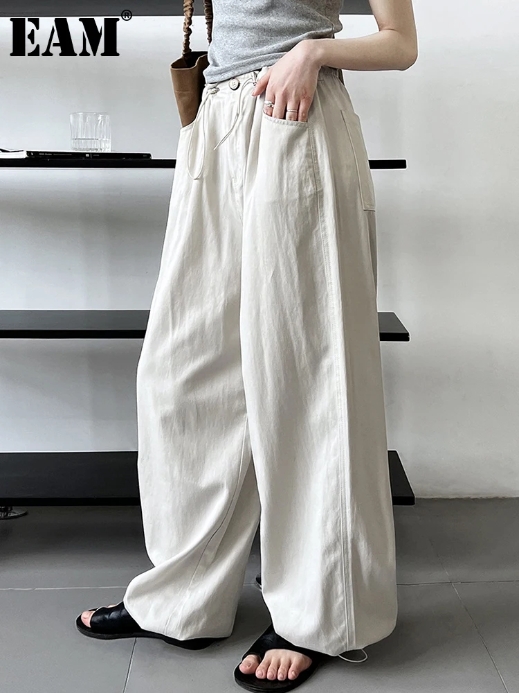 

[EAM] High Waist Khaki Drawstring Wide Leg Long Pants New Loose Fit Trousers Women Fashion Tide Spring Autumn 2024 1DF9871