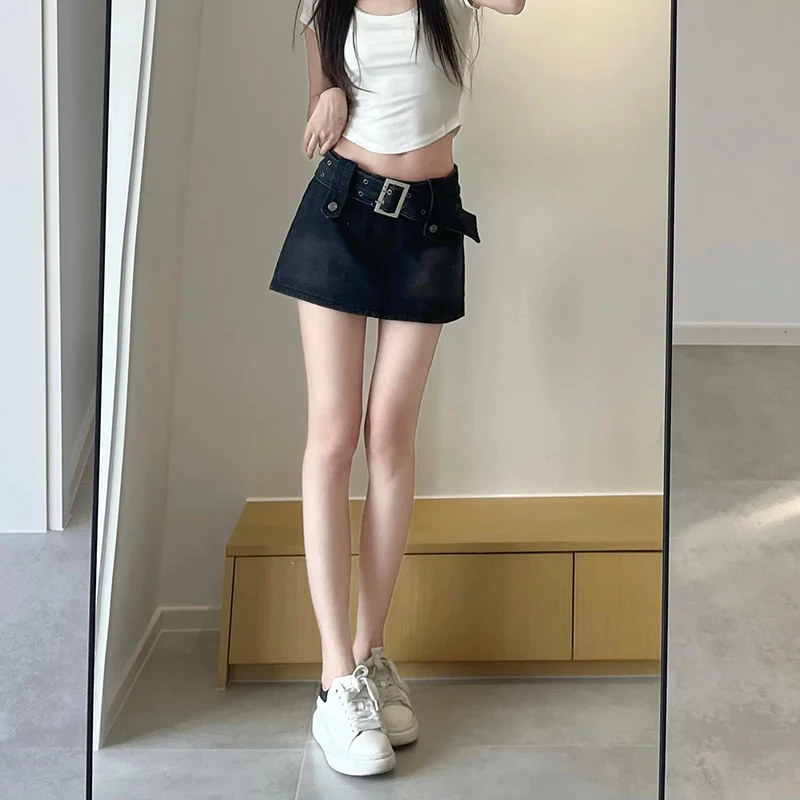 블랙 데님 미니 드레스 하이 웨이스트 매력적인 바지 스커트 여성 여름 2024 새로운 스타일 몸집이 작은 매운 소녀 a 라인 스커트