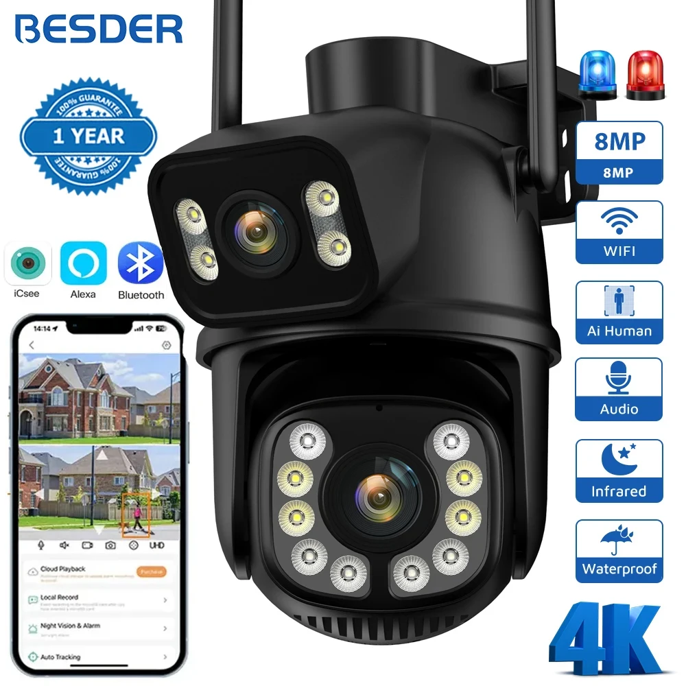 BESDER 8MP PTZ Wifi Camera Outdoor Dual Screen Color Night Vision 4MP Security Protection CCTV Wifi Surveillance IP Camera iCSee