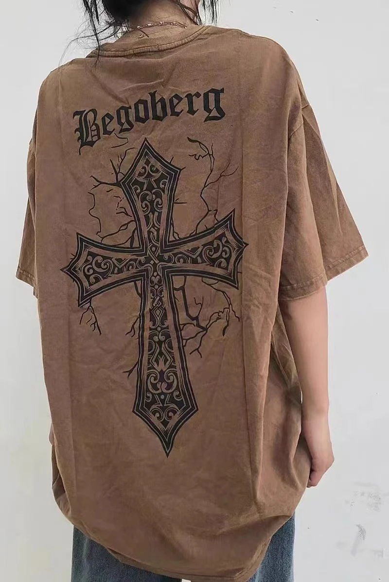 

Vintage Street Oversized T-Shirt Summer Women'S Short-Sleeved Round Neck Harajuku Letter Pattern Washed Old Cotton Loose Tee