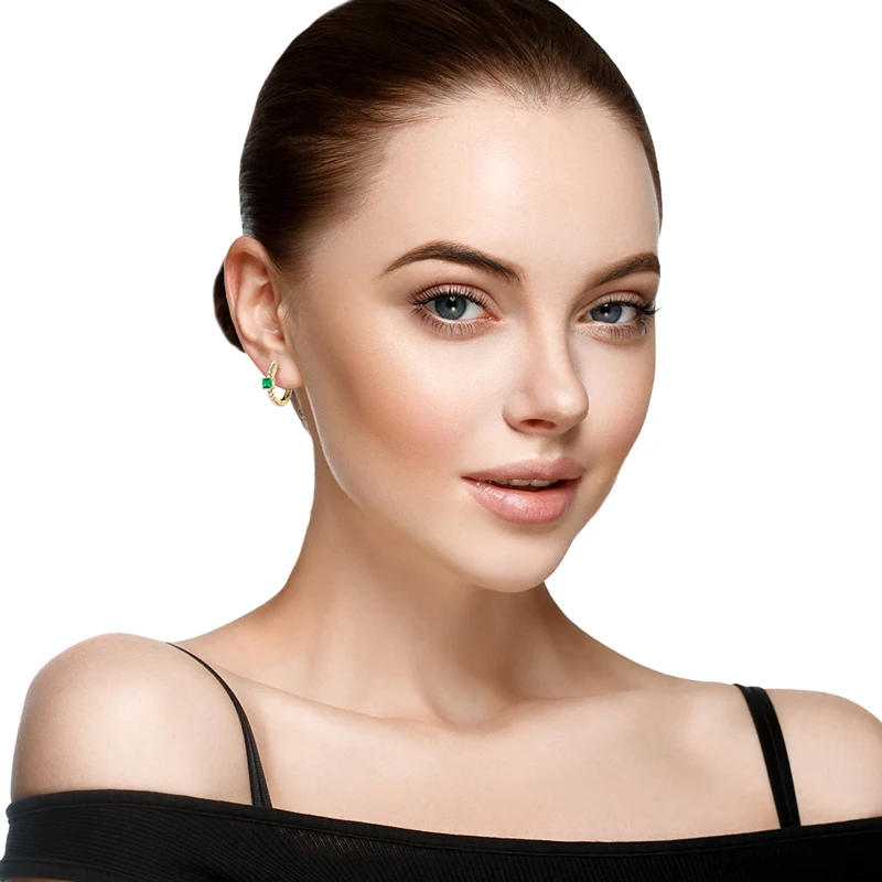 925 Sterling Silver Plated 14K Gold Ladies Hoop Earring 3x3mm Square Artificial Emerald Vintage Earrings for Women Jewelry Gift 5