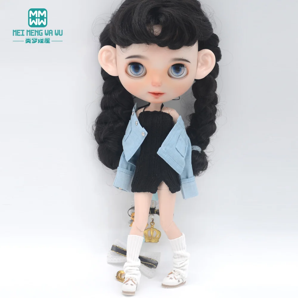 

Одежда для кукол Blyth Azone OB24, 28-30 см, аксессуары, модный свитер с воротником-стойкой, куртка из джинсовой ткани, розовый, белый, серый
