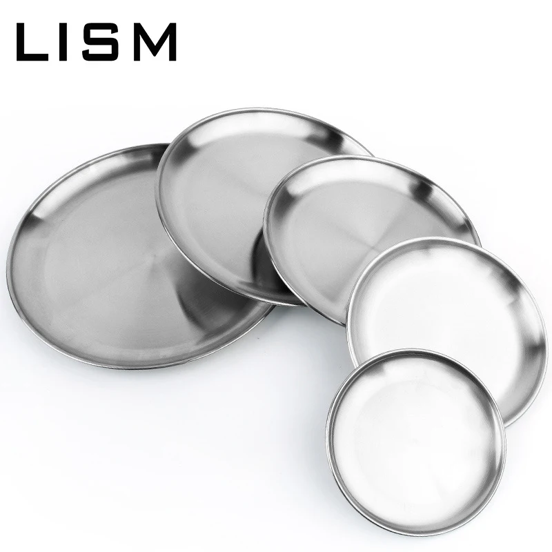 

Reusable Stainless Steel Food Plates Outdoor Camping Picnic Round Dinner Plate Fruit Trays Snack Dessert Dishes 14/17/20/23/26cm