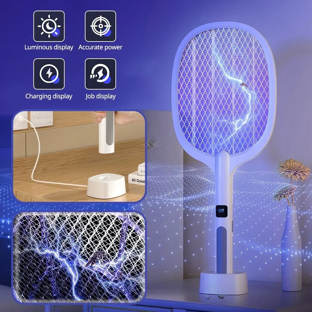 

Белая Электрическая мухобойка, ракетка для насекомых, Москитная мухобойка, пластиковая мухобойка, портативное устройство для уничтожения комаров с дисплеем яркости