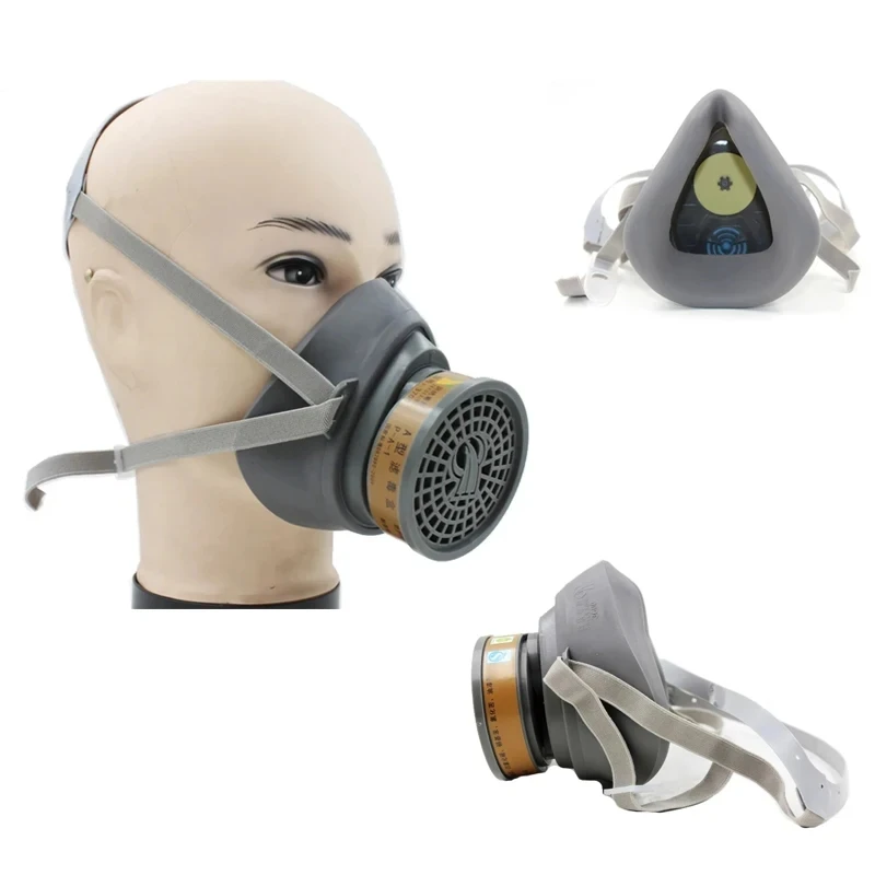 Vue latérale du masque respiratoire chimique avec filtre à charbon montrant les sangles ajustables et la cartouche