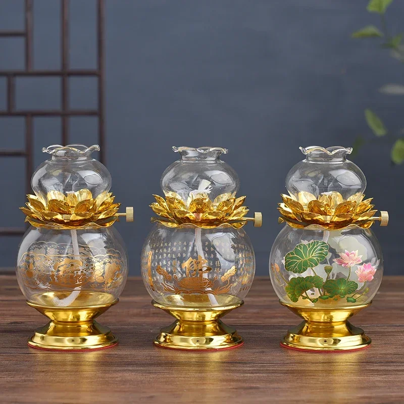 Buddha Offering Lamp, Transparent Glass Lotus Lamp, Buddha Heart Sutra Butter Household Use, Prayer, Tools