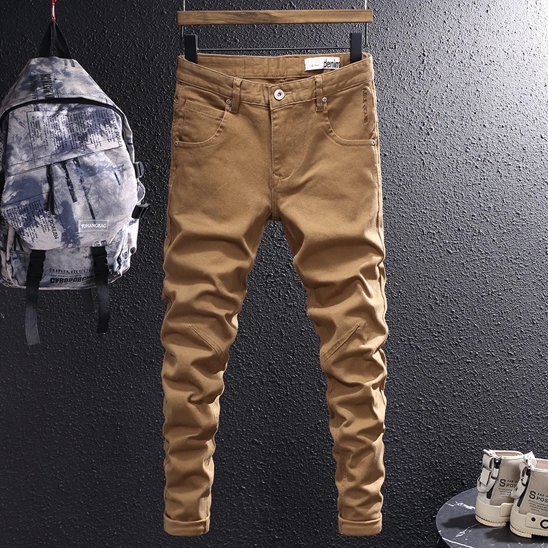 Newly Designer Men Jeans Khaki Brown Elastic Slim Fit Stretch Jeans Men Vintage Trousers Korean Simple Casual Denim Pants Hombre