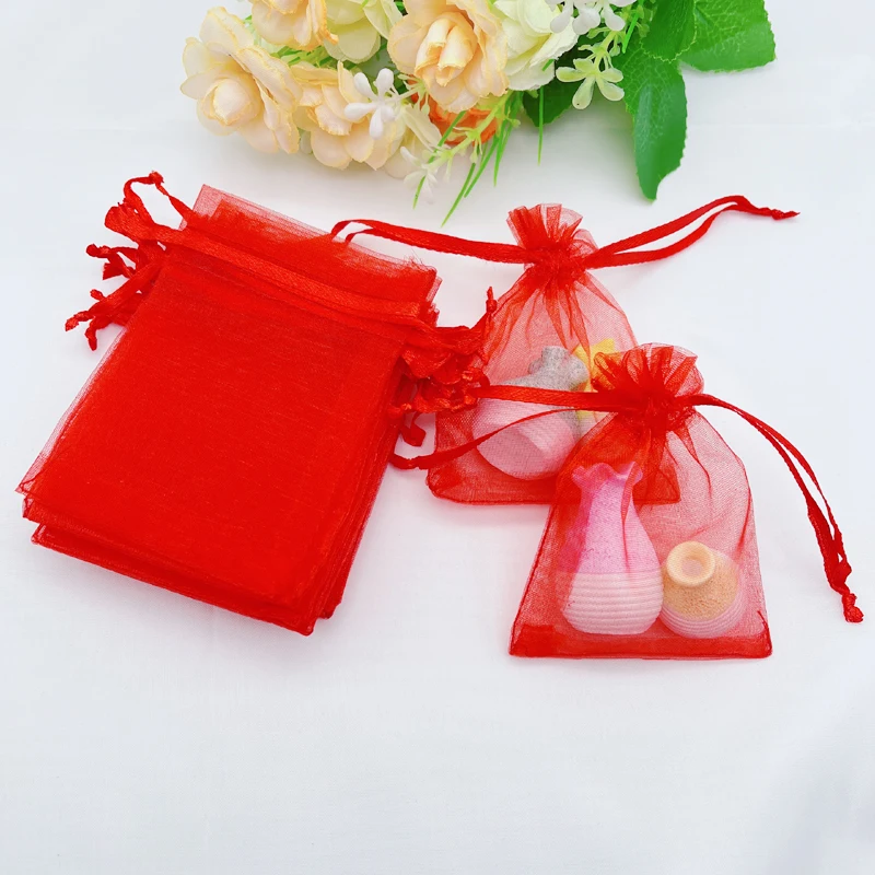 100 Sacchetti Regalo In Organza Rossa Con Coulisse, 7x9 Cm, Per Gioielli, Bomboniere E Caramelle