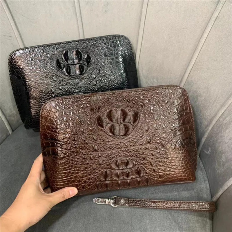 

Exotic Genuine Alligator Skin Male Large Black ZIP Shell Clutch Authentic Real Crocodile Leather Men's Wristlets Pouch Card Bag